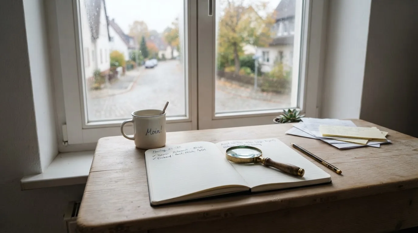 Ein schmaler Schreibtisch am Fenster mit einem Notizbuch, einer Lupe und einem Bleistift im Morgenlicht.