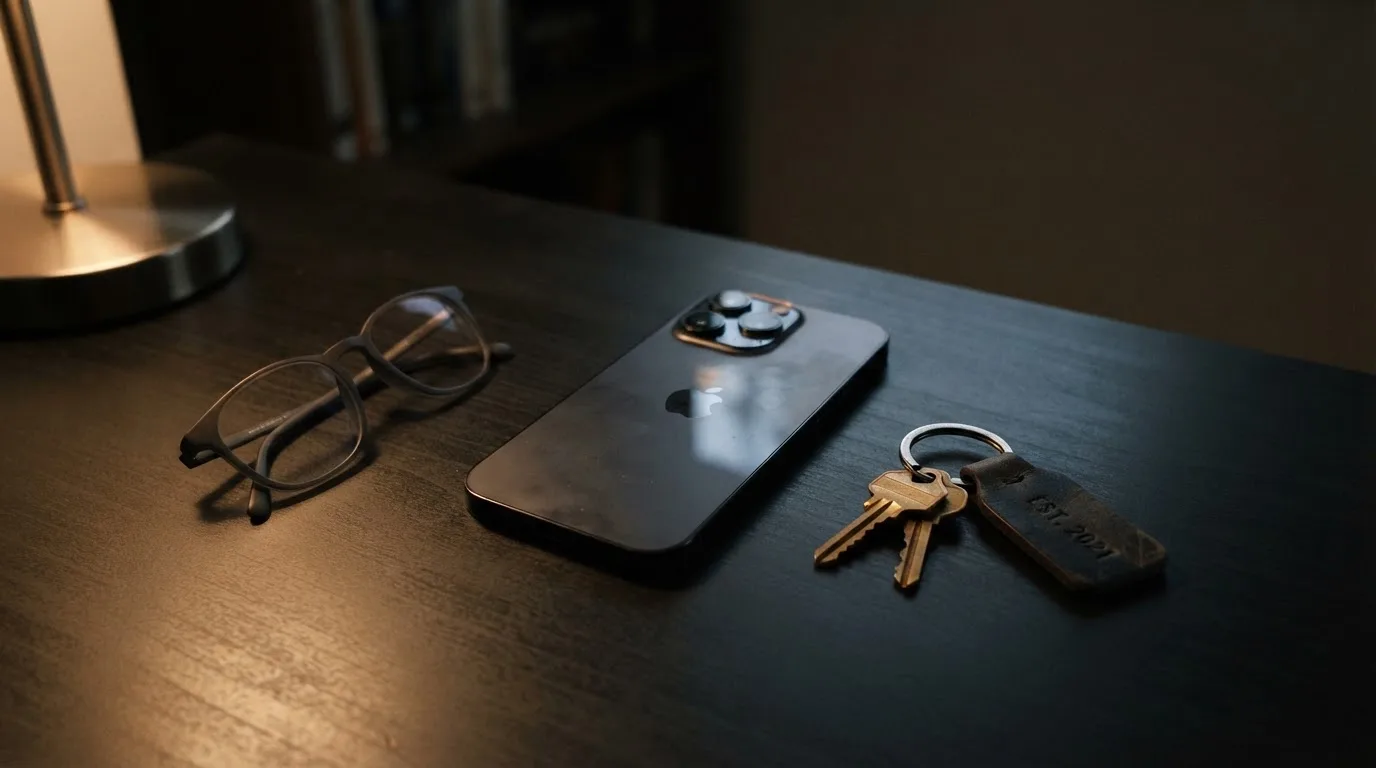 Ein Smartphone liegt mit dunklem Display auf einem Schreibtisch neben einem Schlüsselbund und einer Brille.