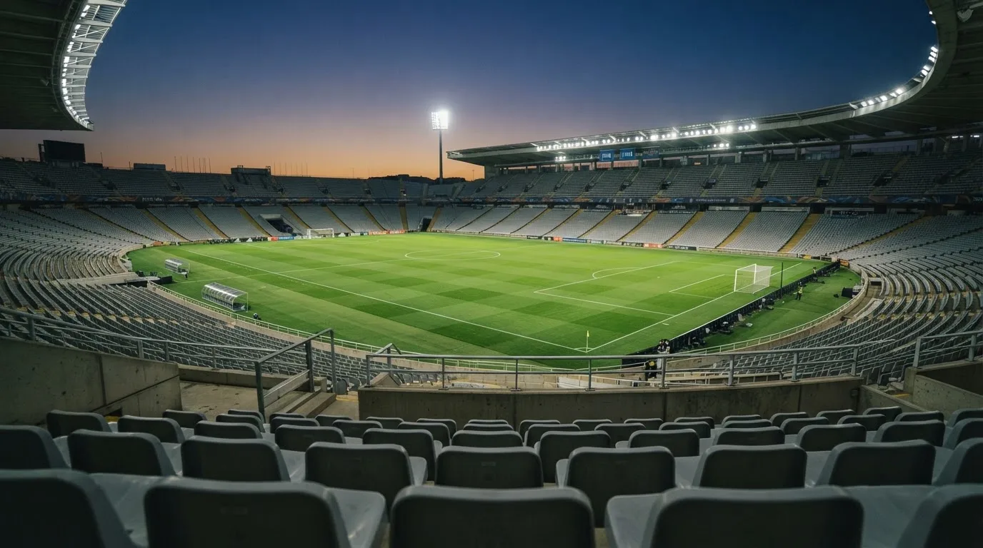 Eine leere Stadiontribüne unter Flutlicht aus der Ferne betrachtet, die Rasenfläche leuchtet grün in der Dämmerung.