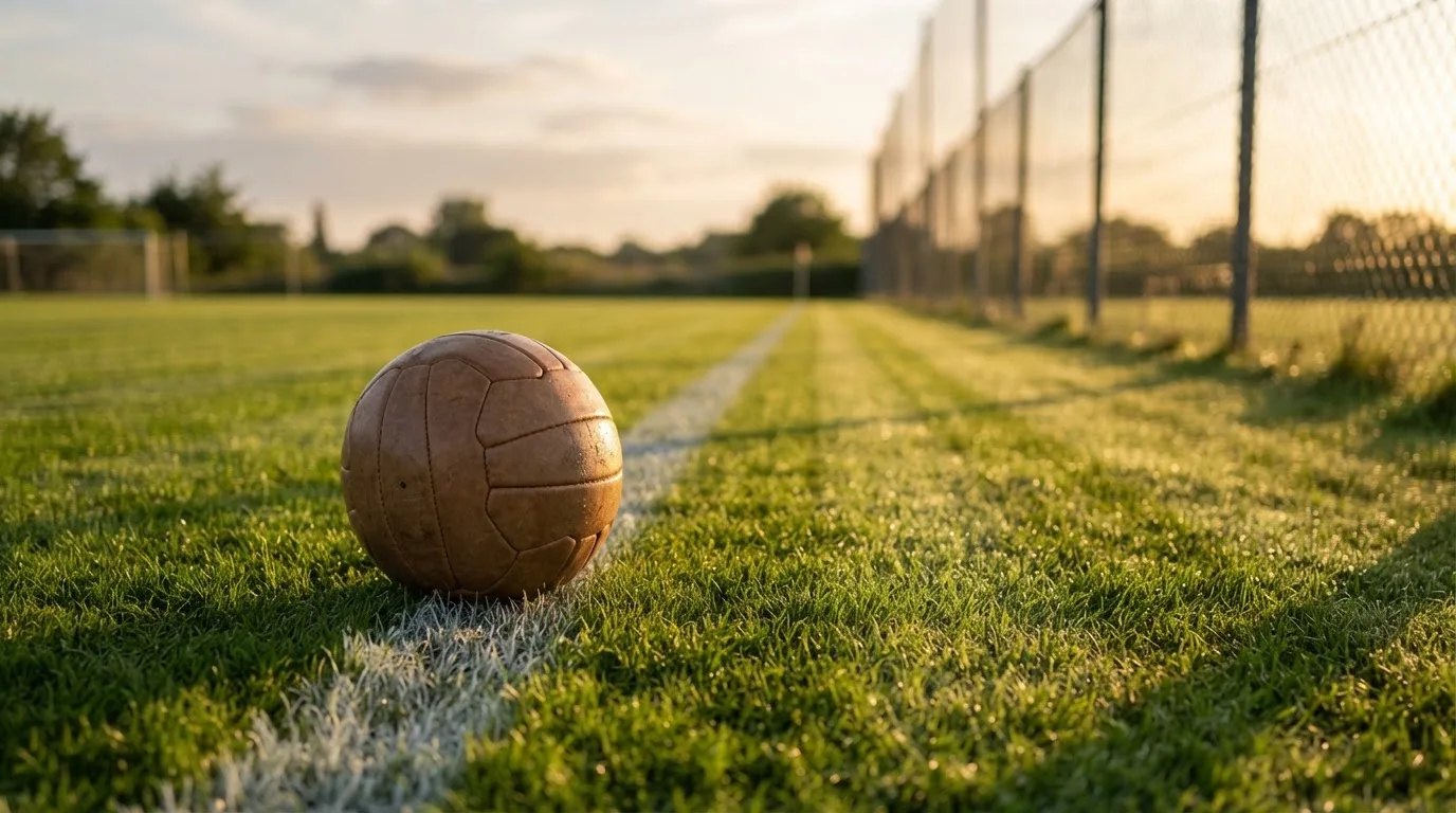 Ein Fußball liegt am Rand eines Rasens neben einer weißen Linie, im Hintergrund ein Zaun in der Abendsonne.