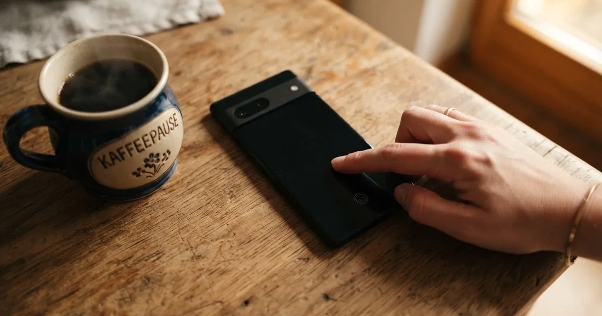 Ein Daumen schwebt über einem Smartphone mit dunklem Display, das auf einem Küchentisch neben einer Tasse liegt.