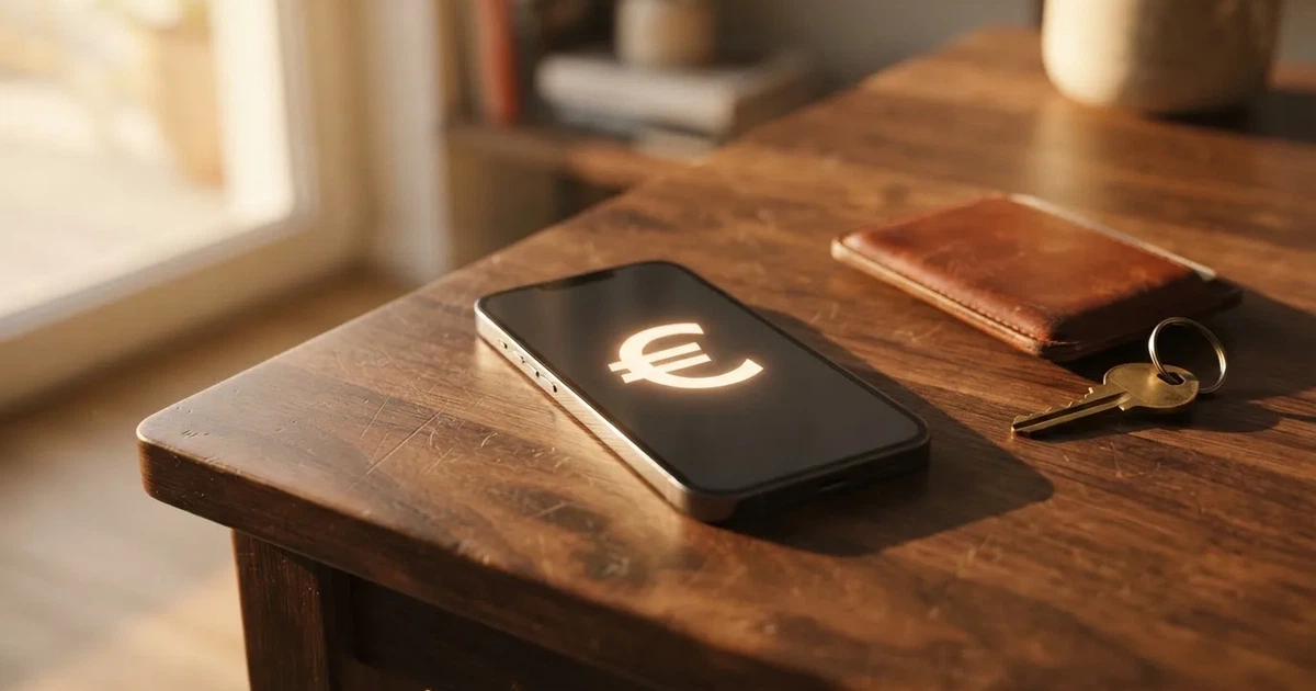 Ein Smartphone mit dunklem Display liegt neben einer Geldbörse und einem Schlüssel auf einem Tisch.