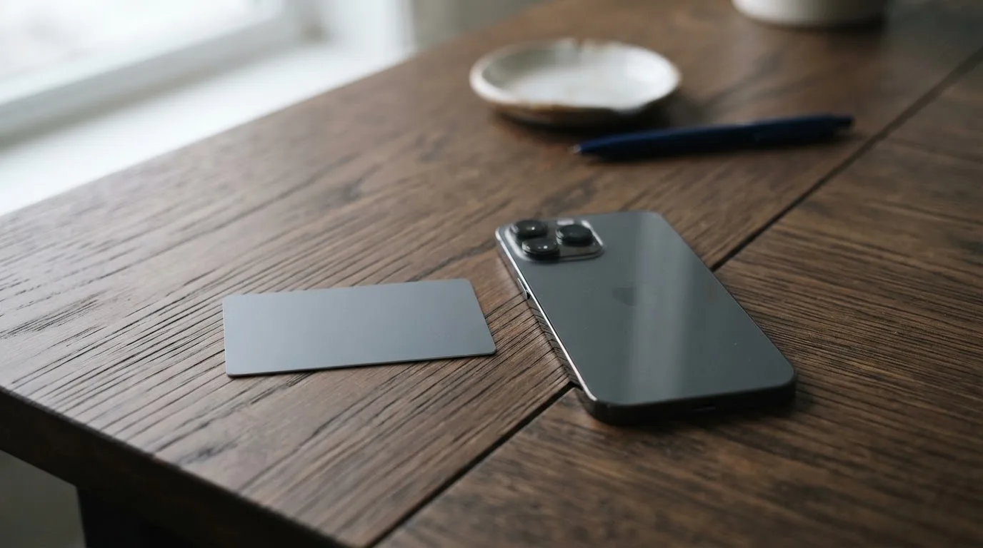 Eine Bankkarte ohne Aufdruck liegt neben einem Smartphone mit dunklem Display auf einem Holztisch.