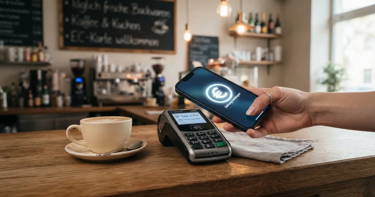 Eine Hand hält ein Smartphone dicht an ein Kartenlesegerät ohne erkennbare Beschriftung in einem Café.