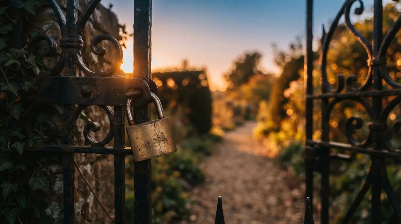 Ein Vorhängeschloss hängt an einem Gartentor im Abendlicht, dahinter ein unscharfer Weg.