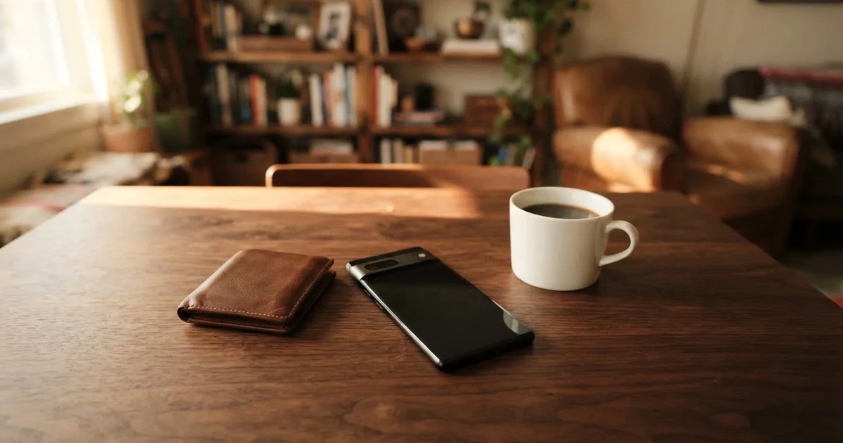 Ein Smartphone mit dunklem Display liegt auf einem Tisch neben einer Geldbörse und einer Tasse Kaffee.