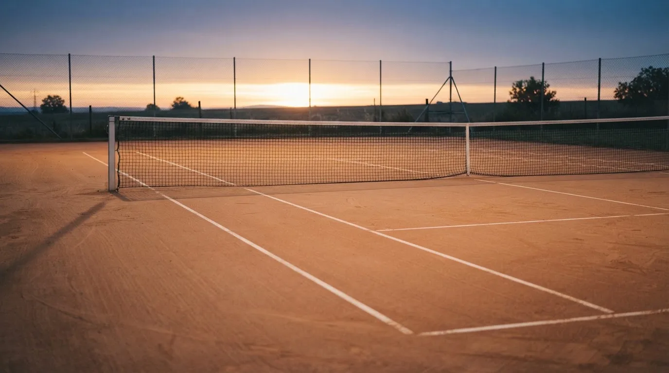 Ein Tennisplatz aus Sand bei Sonnenaufgang, das Netz im Gegenlicht, kein Mensch zu sehen.