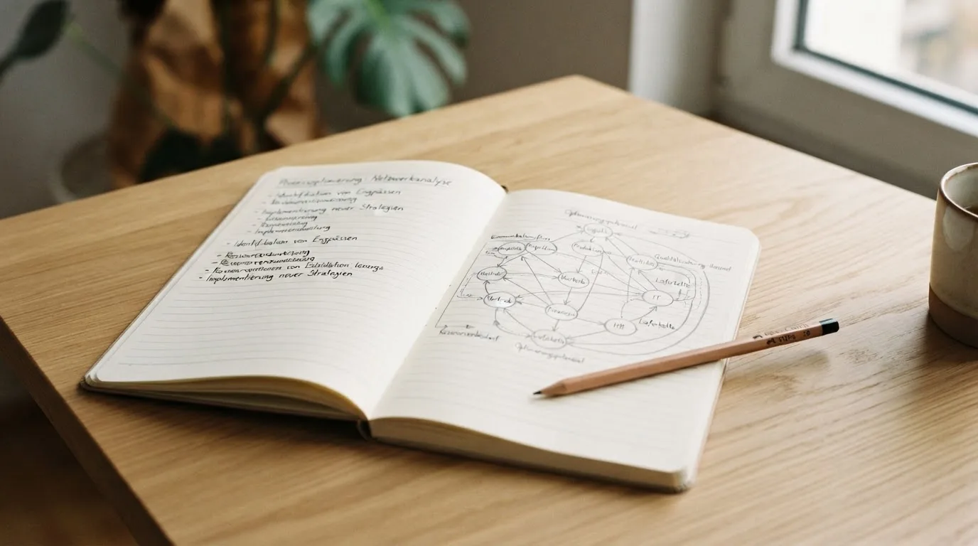 Ein Notizbuch mit handgezeichneten Knoten und Linien liegt neben einem Bleistift auf einem Schreibtisch.