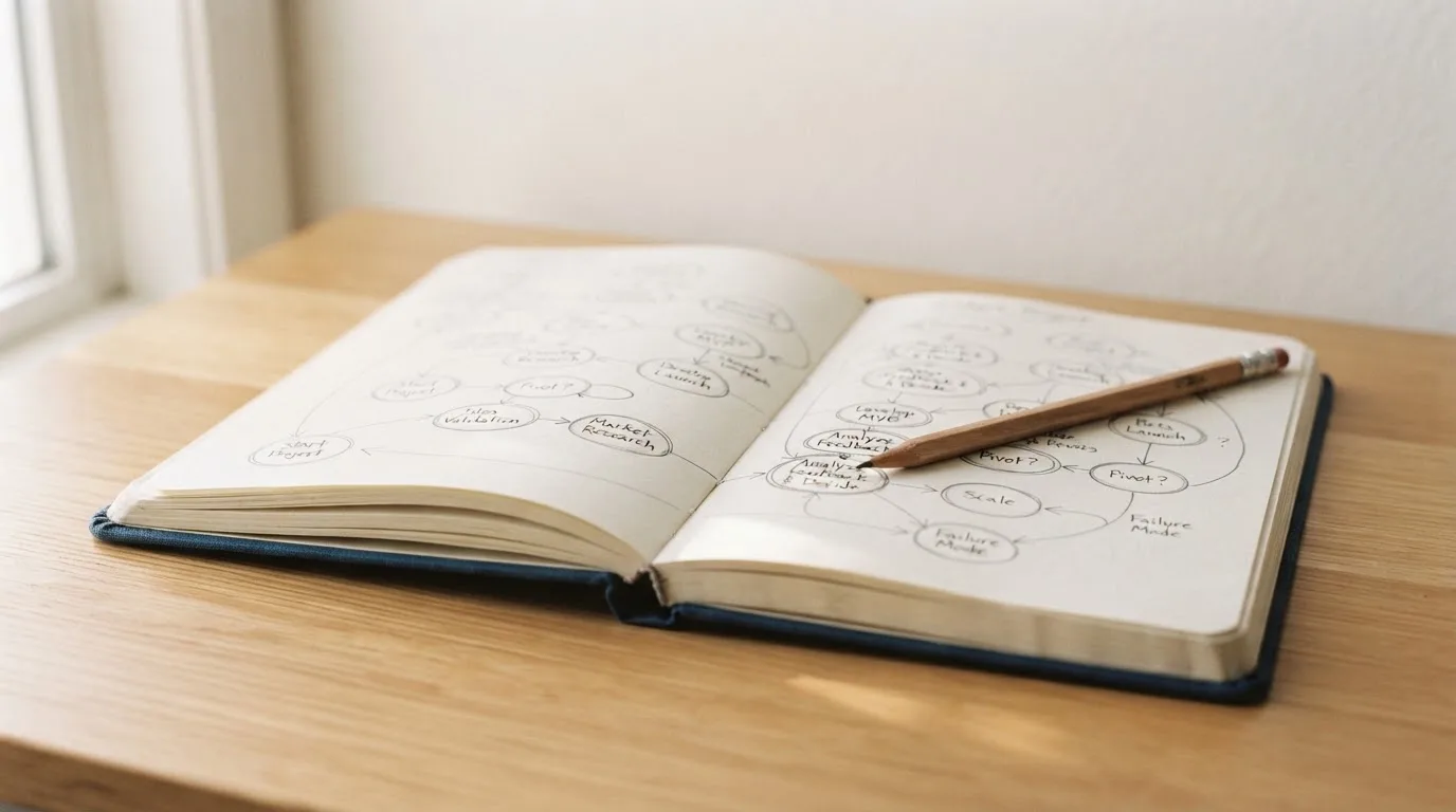 Ein Notizbuch mit handgezeichneten Pfeilen und Kreisen liegt neben einem Bleistift auf einem hellen Tisch.