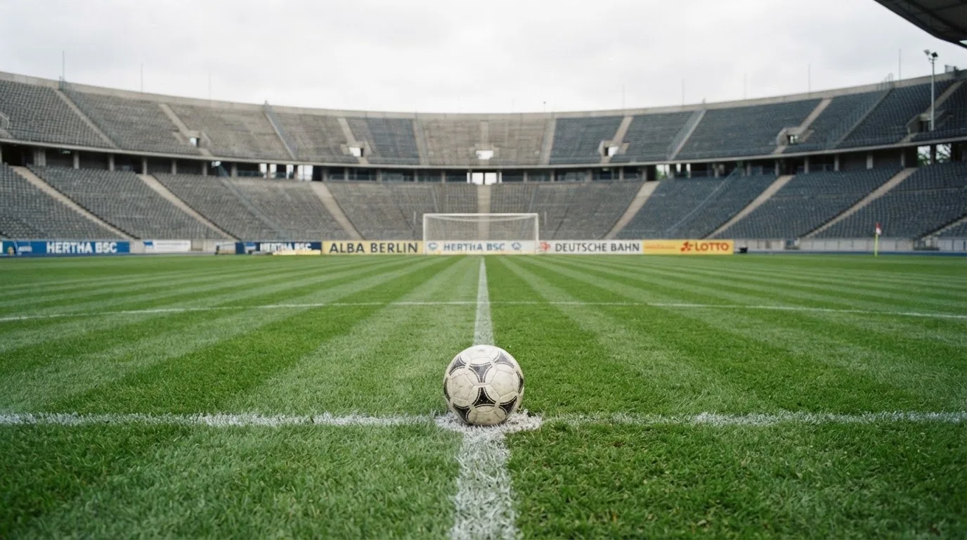 Ein Fußball liegt auf dem Anstoßpunkt eines leeren Rasenplatzes, im Hintergrund eine ruhige Tribüne unter bedecktem Himmel.