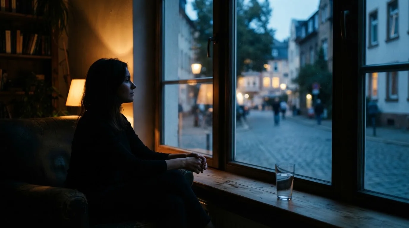 Die Silhouette einer Person sitzt am Abend am Fenster und blickt auf eine Straße, auf dem Fensterbrett steht ein Glas Wasser.