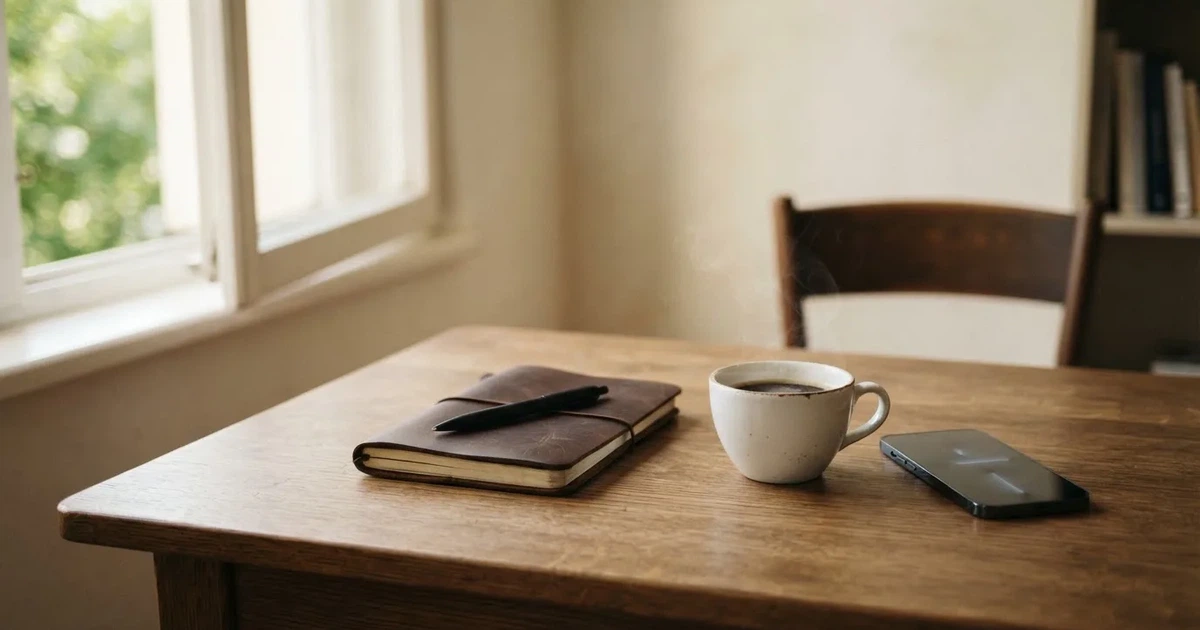 Ein Holzschreibtisch im Morgenlicht mit geschlossenem Notizbuch, Kugelschreiber und Kaffeetasse, daneben ein Smartphone mit dunklem Bildschirm.