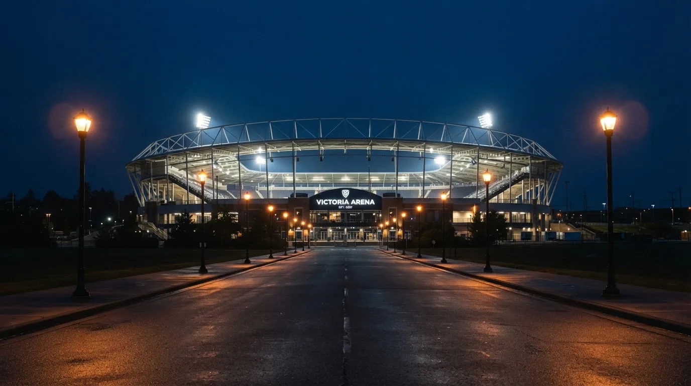 Ein Stadion unter Flutlicht aus der Ferne gesehen, davor eine dunkle Straße mit Laternen und ohne Menschen.