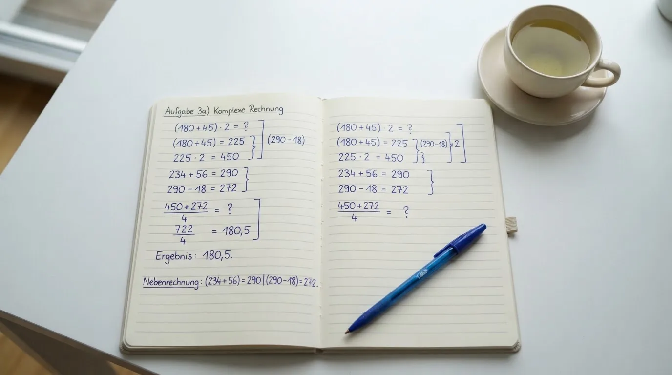 Ein Notizbuch mit handgeschriebenen Rechnungen und ein Taschenrechner auf einem hellen Schreibtisch neben einer Tasse Tee.