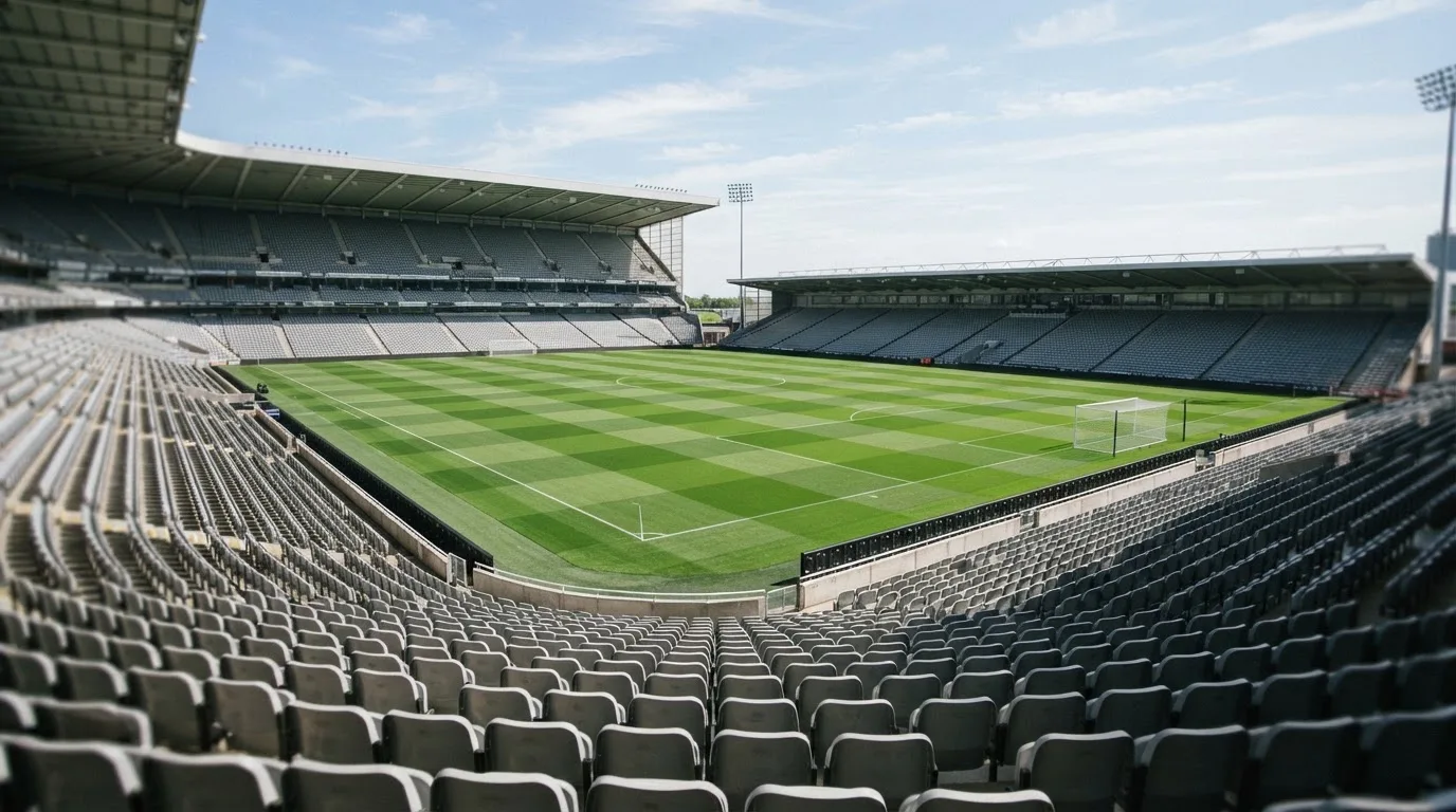 Ein leeres Fußballstadion bei Tageslicht von der Tribüne aus gesehen, der Rasen zeigt gleichmäßige Mähstreifen.