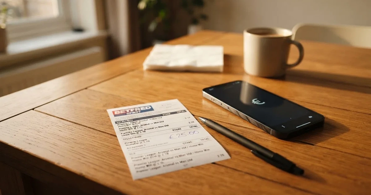 Ein leerer Papier-Wettschein und ein Kugelschreiber liegen auf einem Tisch, daneben ein kleiner Stapel Münzen.