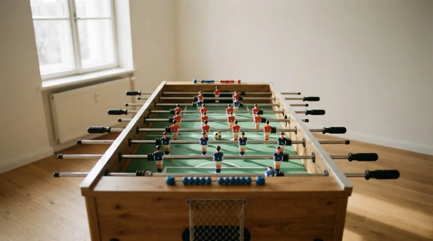 Ein Tischkicker in einem leeren Raum, die Spielfiguren in Reihe, Tageslicht fällt durch ein großes Fenster.