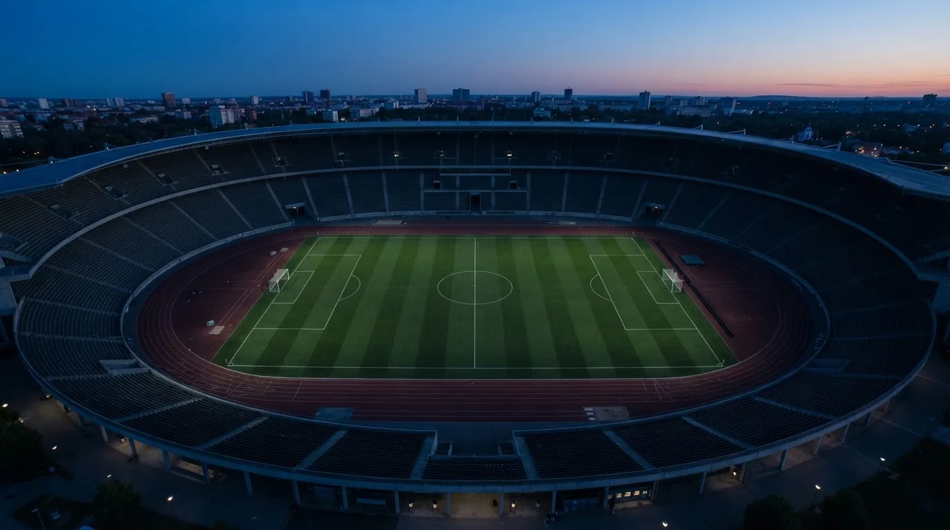 Ein Fußballplatz am Abend aus der Vogelperspektive, Flutlichtmasten ausgeschaltet, die Rasenlinien deutlich sichtbar.
