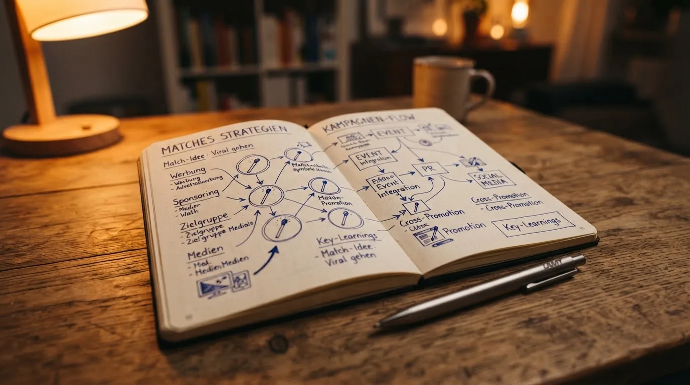Ein Notizbuch mit handgezeichneten Pfeilen und Kreisen liegt neben einem Kugelschreiber auf einem Schreibtisch im Abendlicht.
