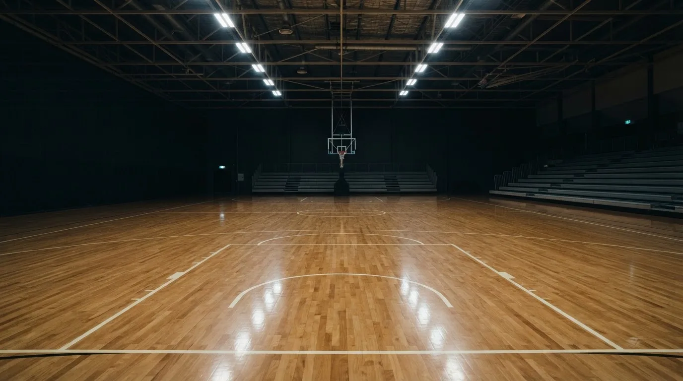 Ein Basketballfeld in einer leeren Halle, das Parkett spiegelt das Licht der Deckenlampen.