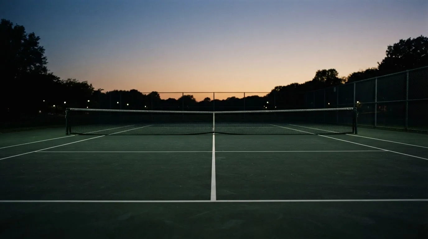 Ein Tennisplatz in der Dämmerung, Netz und Linien im Zwielicht, ohne Menschen und mit ruhigem Himmel.