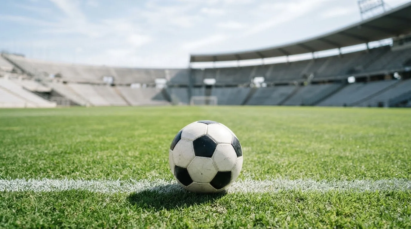 Ein Fußball liegt am Spielfeldrand eines Rasenplatzes, im Hintergrund eine leere Tribüne unter hellem Himmel.
