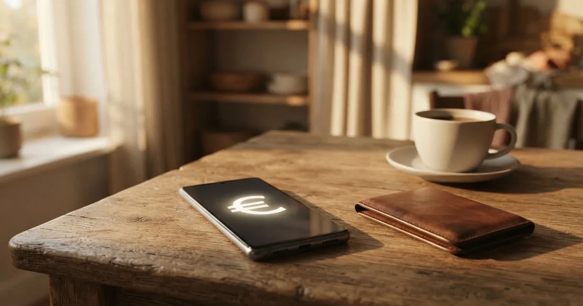 Ein Smartphone mit dunklem Bildschirm liegt auf einem Holztisch neben einem Portemonnaie und einer Kaffeetasse im Fensterlicht.