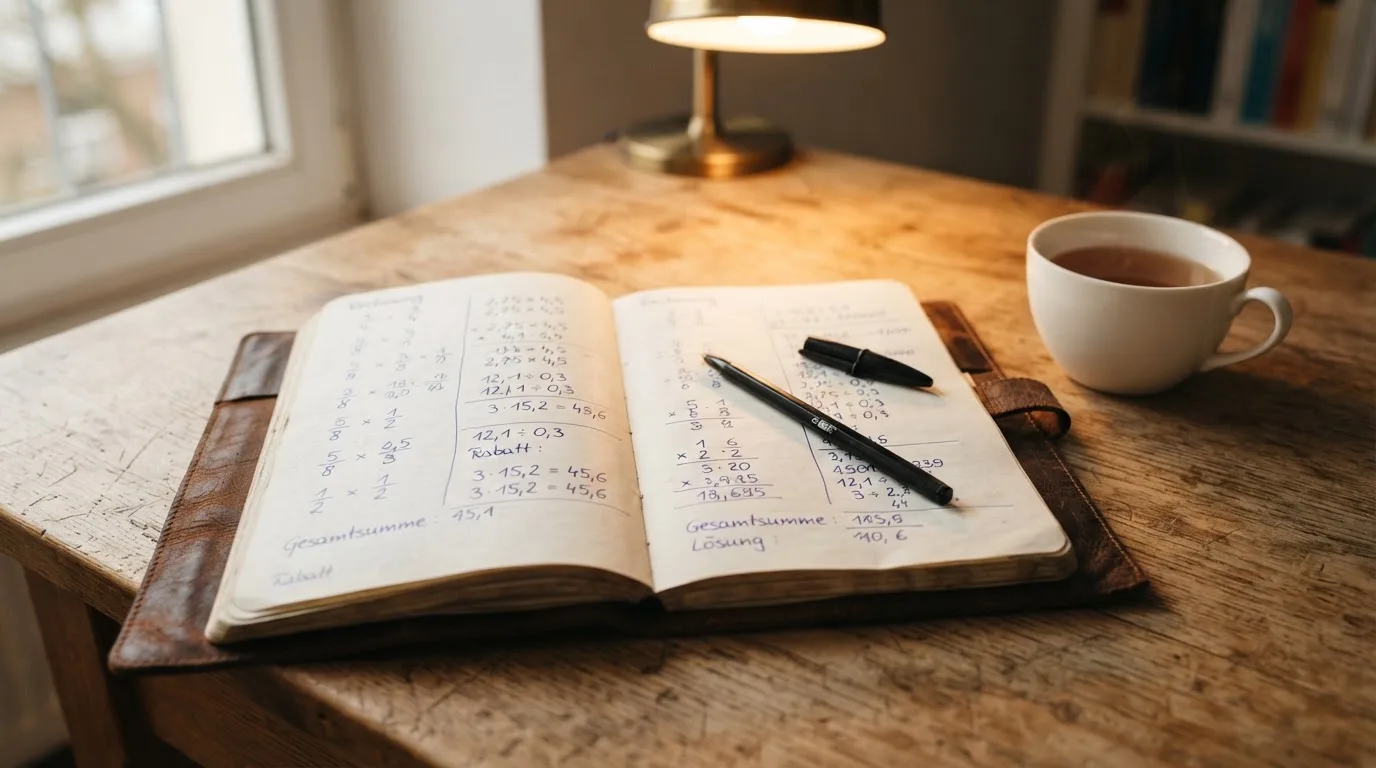 Ein Notizbuch mit handgeschriebenen Rechnungen und ein Taschenrechner auf einem Schreibtisch neben einer Teetasse.