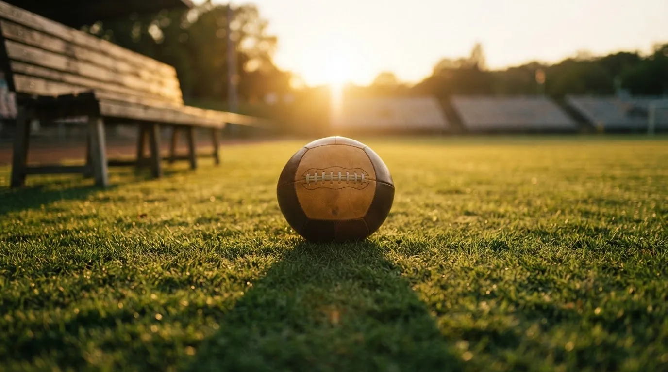 Ein Fußball auf einem Rasenplatz im Gegenlicht der tiefstehenden Sonne, am Rand eine leere Ersatzbank.