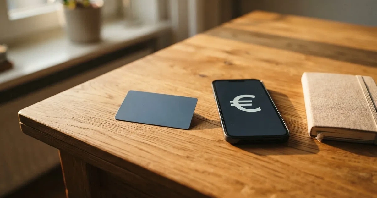 Eine Plastikkarte ohne Aufdruck liegt auf einem Holztisch neben einem Smartphone mit dunklem Bildschirm und einem Notizbuch.