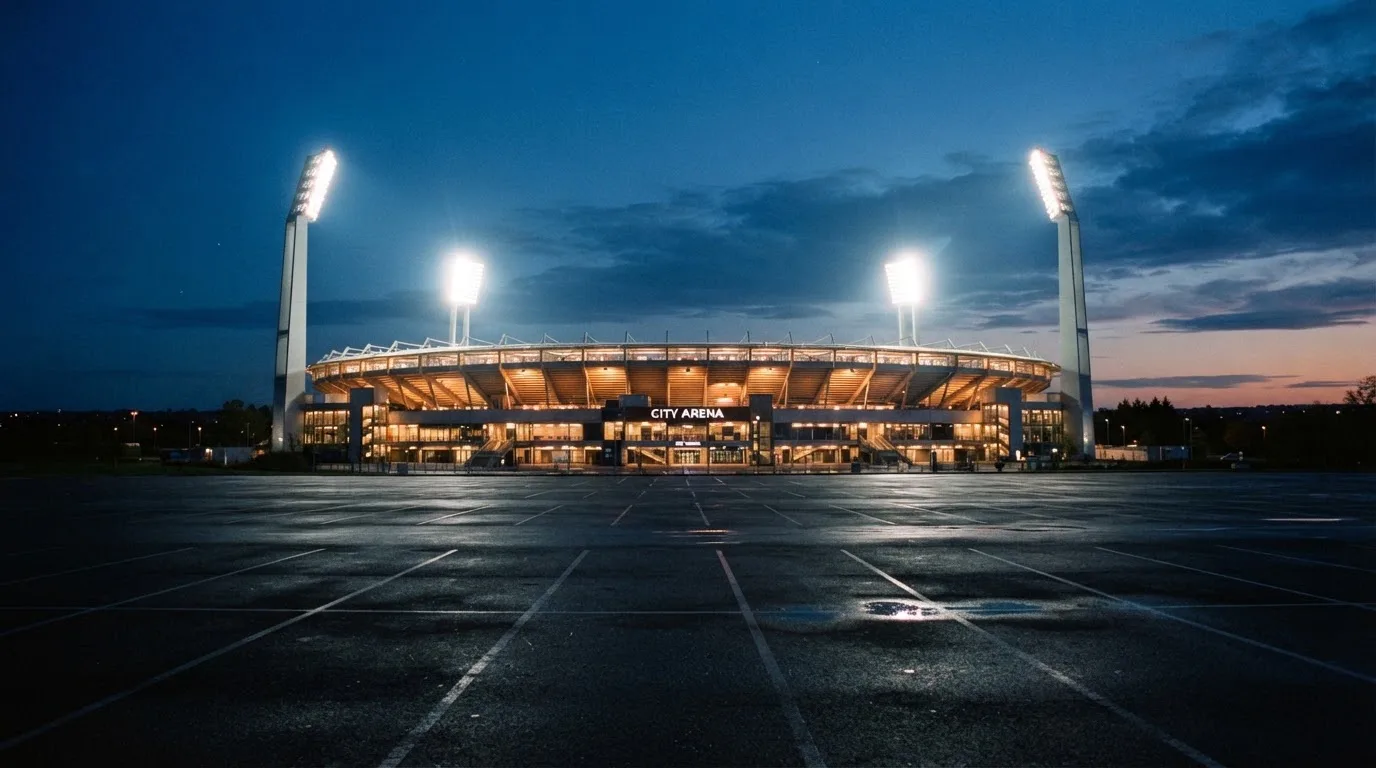 Ein Stadion unter Flutlicht aus der Ferne gesehen, davor ein leerer Parkplatz in der Dämmerung.