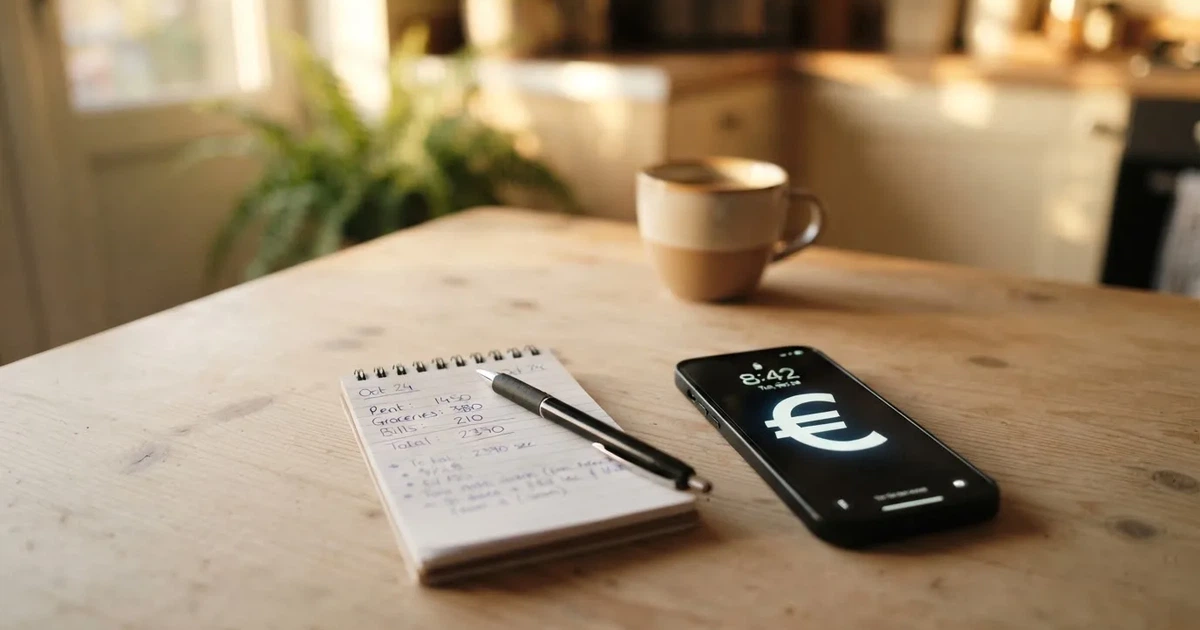 Ein Taschenrechner, ein Stift und ein Smartphone mit dunklem Bildschirm liegen auf einem Küchentisch im Morgenlicht.