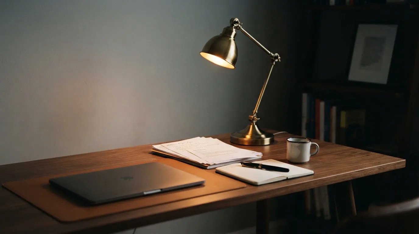 Ein Schreibtisch mit Lampe und geschlossenem Laptop in einem ruhigen Büro bei Abendlicht.