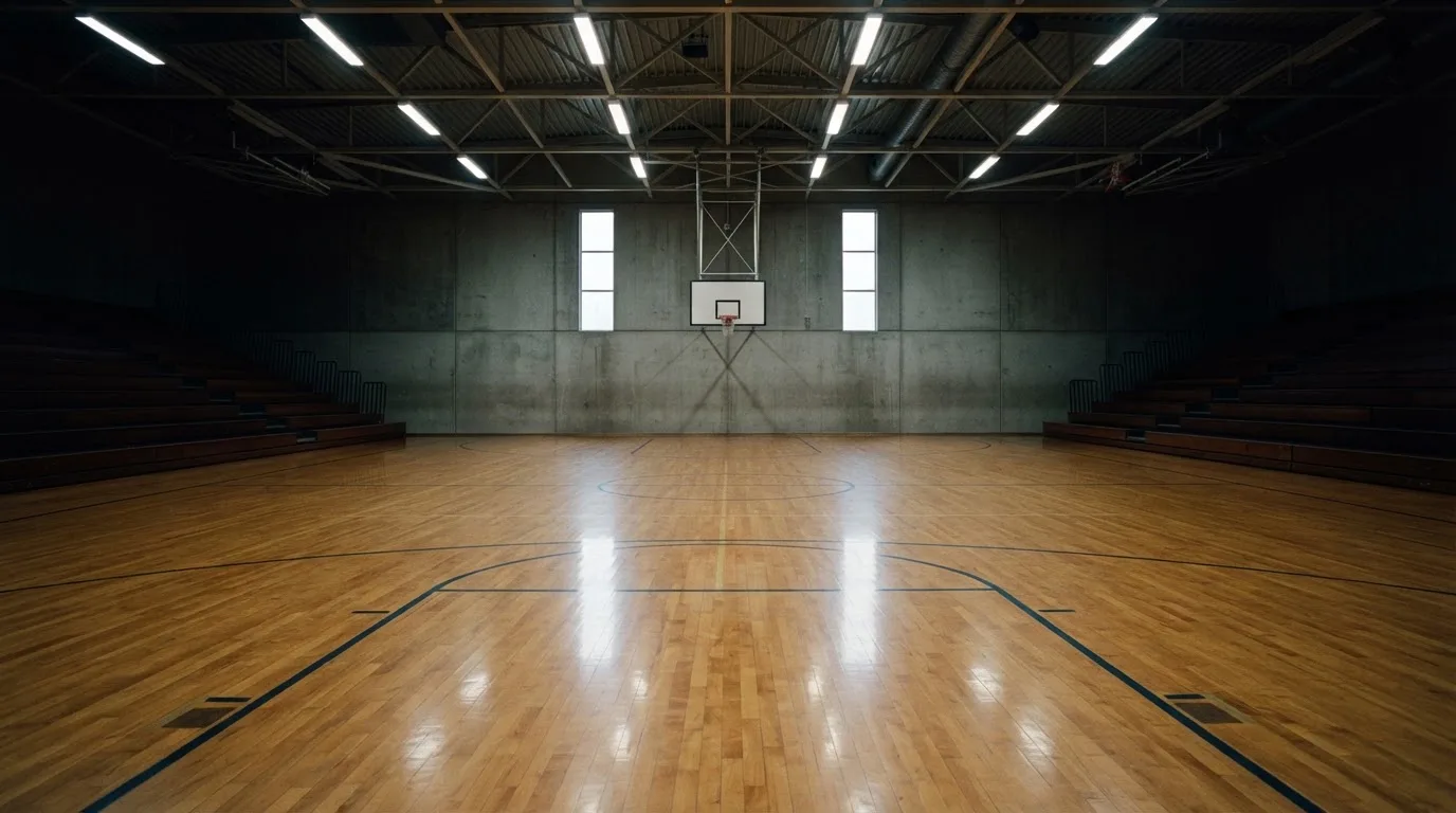 Ein Basketballfeld in einer leeren Halle, das Parkett spiegelt das Deckenlicht.