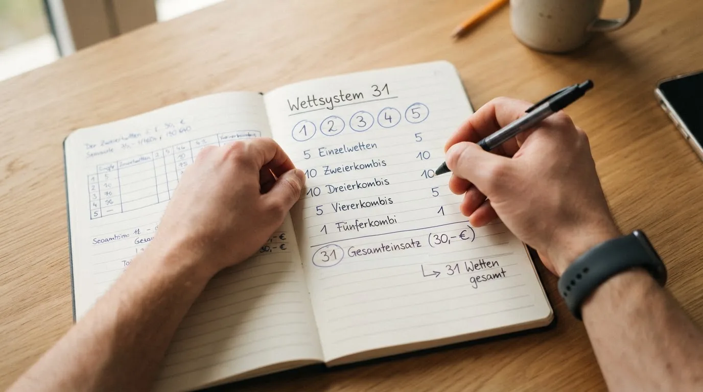 Ein Taschenrechner und ein Notizbuch mit handschriftlichen Zahlenreihen auf einem Schreibtisch neben einem Kugelschreiber.