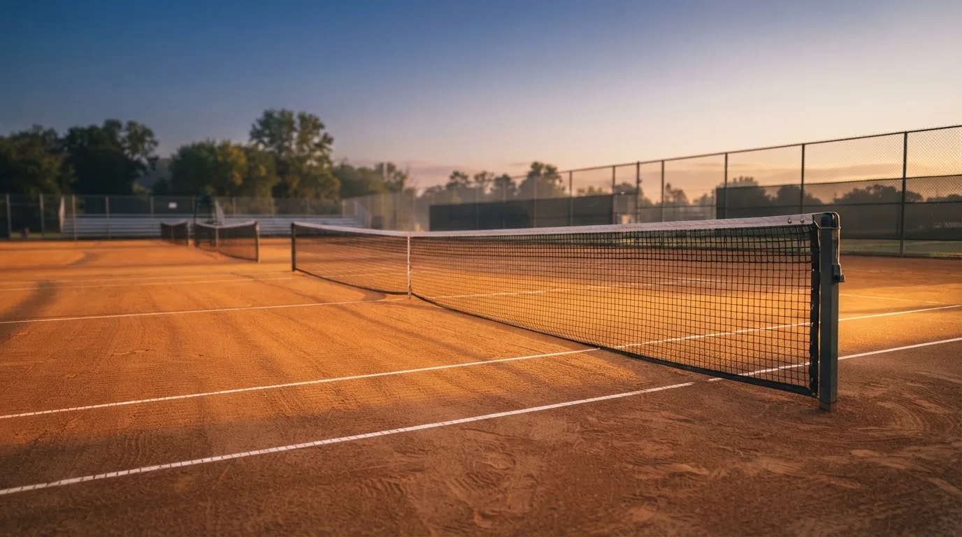 Ein Tennisplatz bei Sonnenaufgang, Netz und Linien im Streiflicht, ohne Menschen.