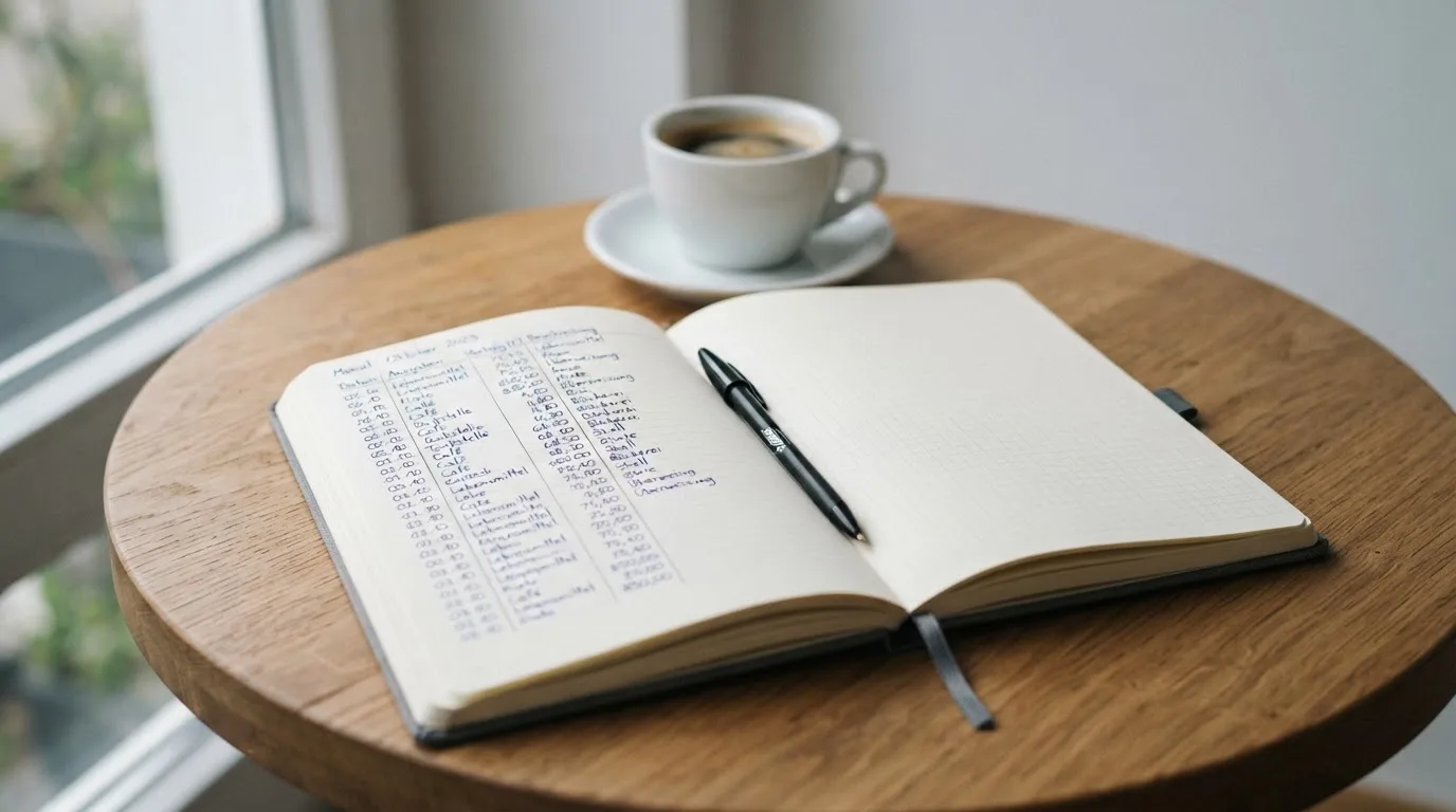 Ein aufgeschlagenes leeres Notizbuch mit Kugelschreiber neben einer Tasse Kaffee auf einem Tisch am Fenster.