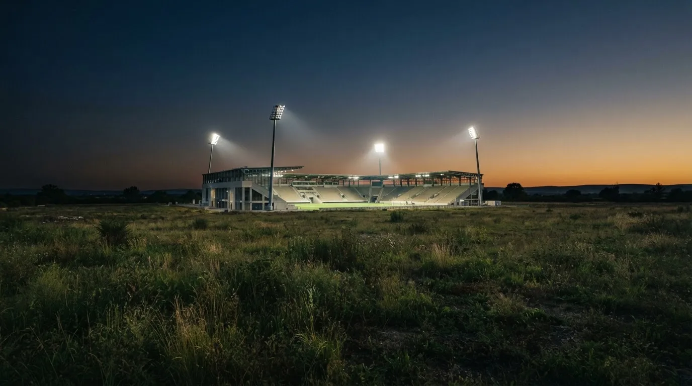 Ein Stadion unter Flutlicht aus der Ferne gesehen, im Vordergrund ein leeres Feld in der Dämmerung.