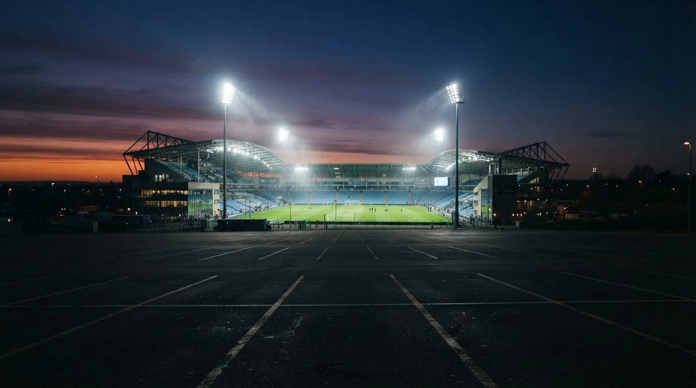 Ein Fußballstadion unter Flutlicht, aus großer Entfernung bei Einbruch der Dunkelheit gesehen, davor ein leerer Parkplatz.