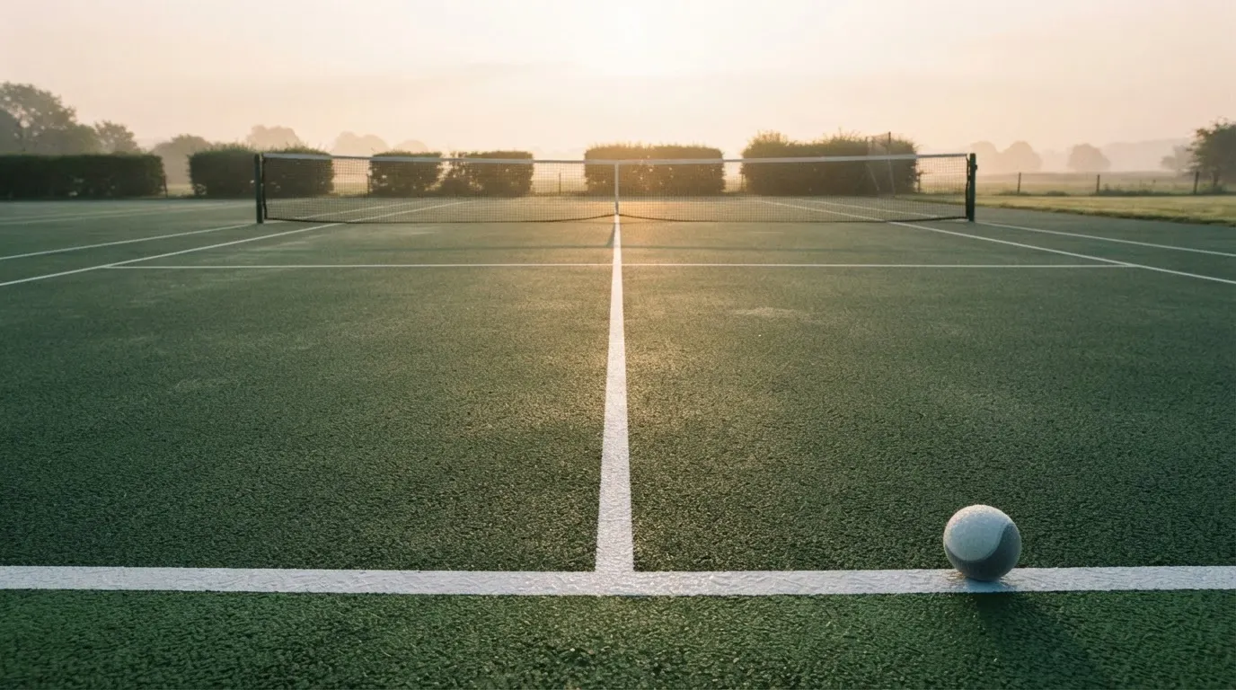 Ein Tennisplatz bei Sonnenaufgang, die Linien noch taufeucht, ein einzelner Ball liegt an der Grundlinie.