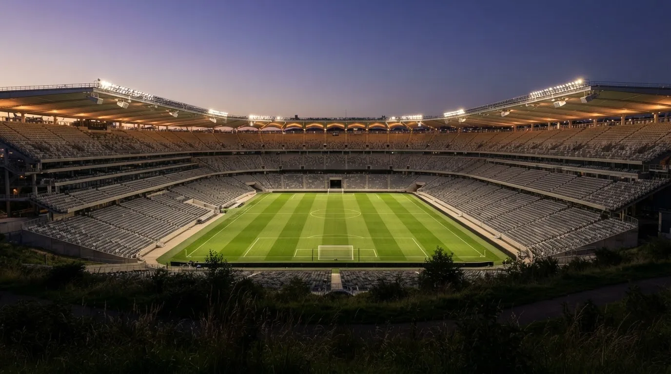 Ein leeres Stadion mit hell erleuchteten Rängen in der Abenddämmerung, von einem Hügel aus fotografiert.