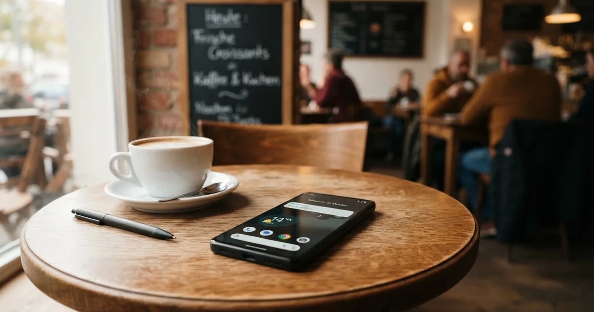 Ein Smartphone liegt mit dunklem Display auf einem Café-Tisch neben einer Tasse Kaffee und einem Kugelschreiber.