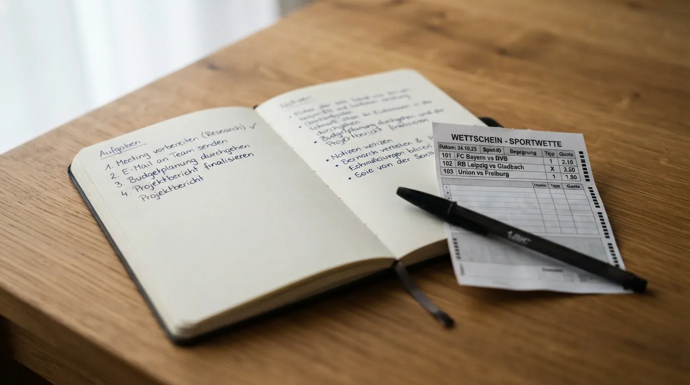 Ein Notizbuch mit handschriftlichen Notizen liegt aufgeschlagen neben einem leeren Papier-Wettschein auf einem Holztisch.