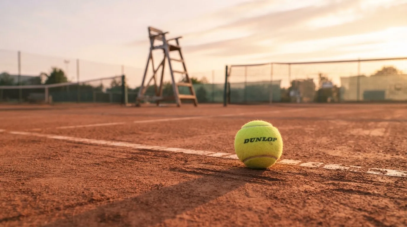 Ein Tennisball liegt auf einem roten Sandplatz bei Sonnenaufgang, im Hintergrund ein leerer Schiedsrichterstuhl.