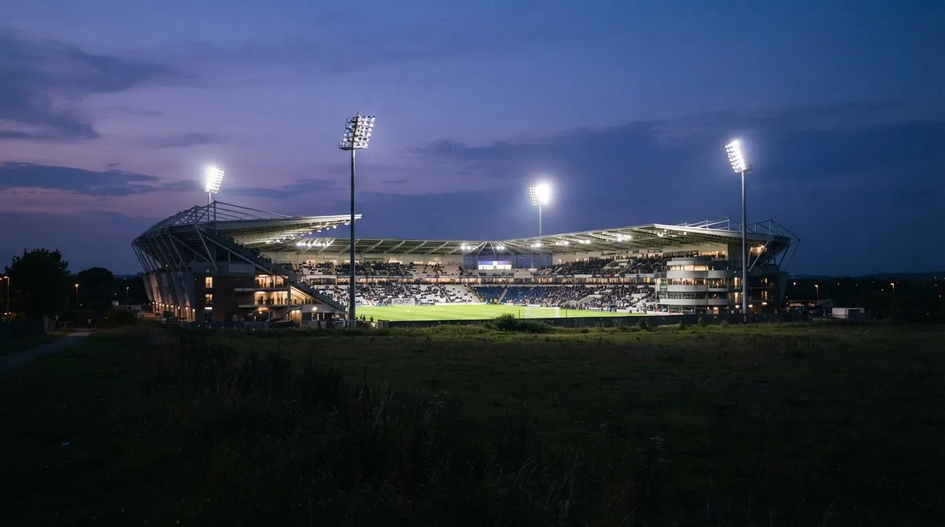 Ein Stadion unter Flutlicht aus der Ferne, davor ein stilles Feld im Dämmerlicht.