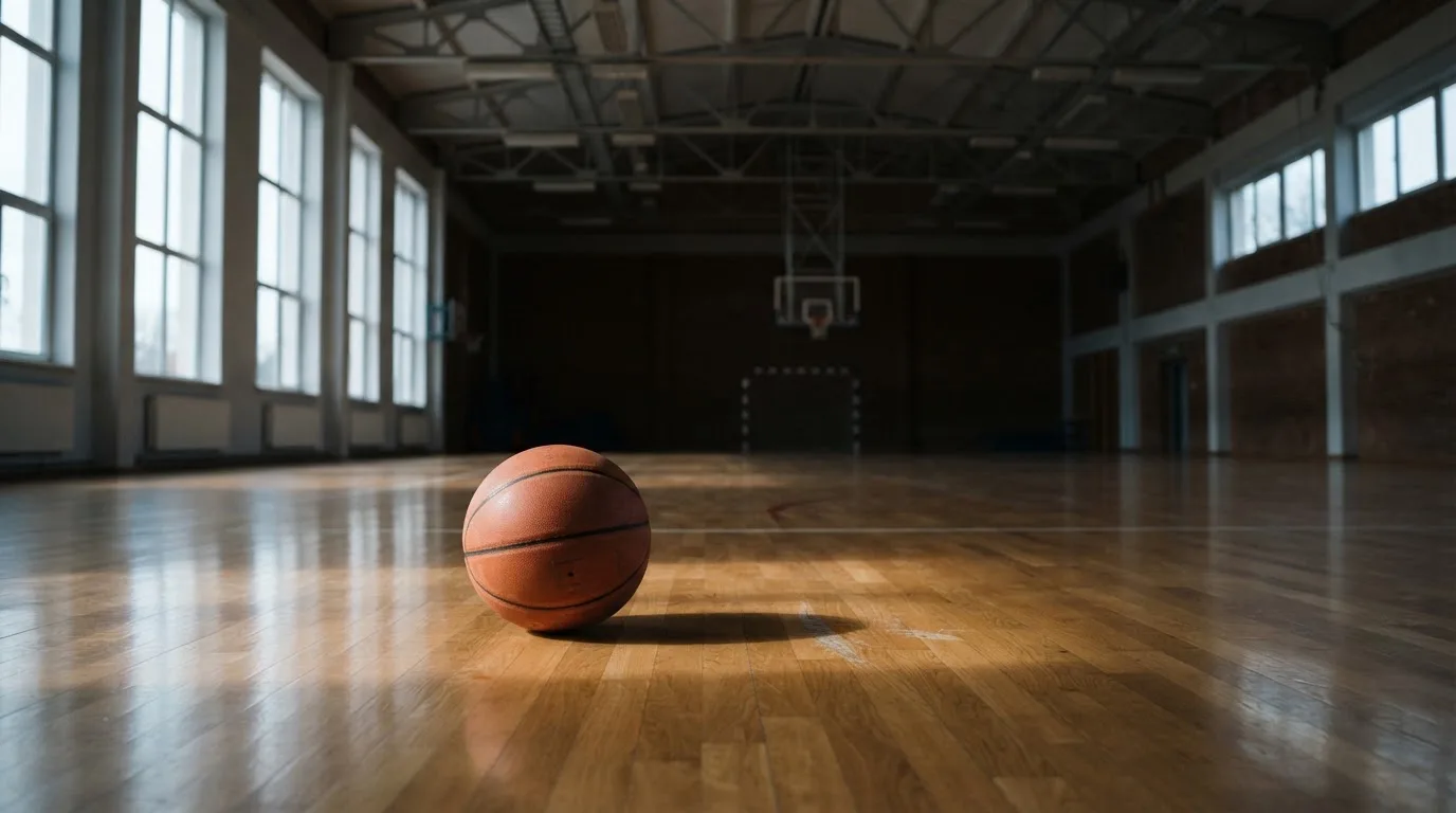 Ein Basketball liegt auf dem Parkett einer leeren Halle, Licht fällt durch hohe Fenster.