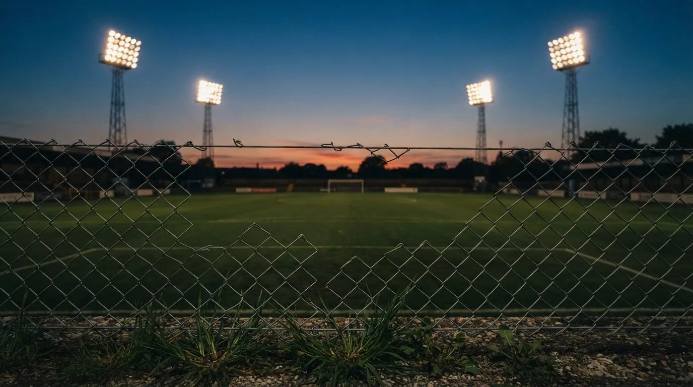 Eine Flutlichtanlage über einem leeren Sportplatz am Abend, im Vordergrund ein Maschendrahtzaun.