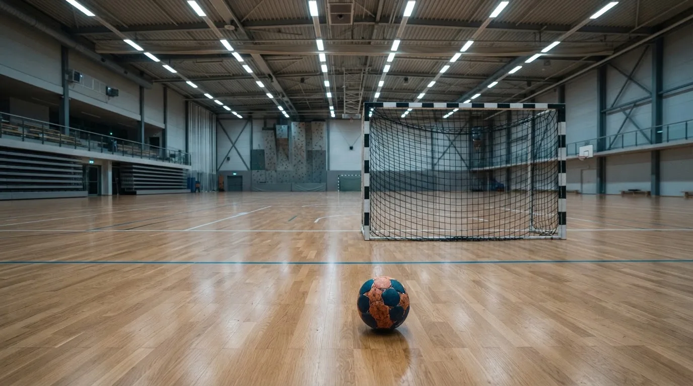 Ein Handball liegt in einer leeren Halle auf dem Boden vor dem Tor.