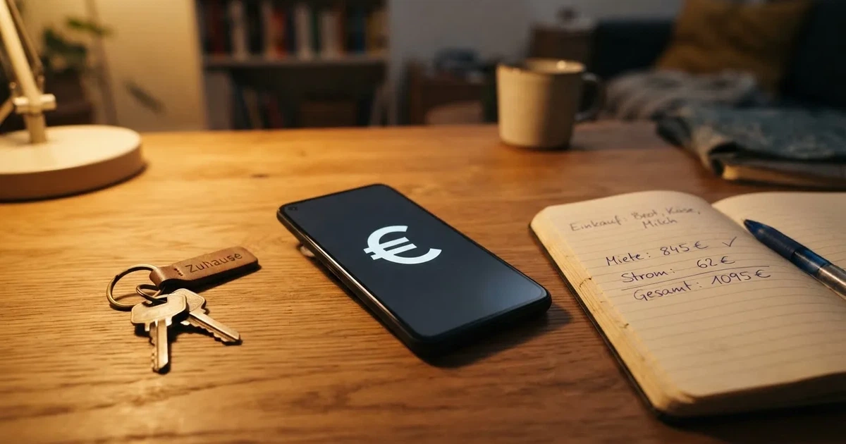 Ein Handy mit abgedunkeltem Display, ein Schlüsselbund und ein Notizblock liegen auf einem Holztisch.