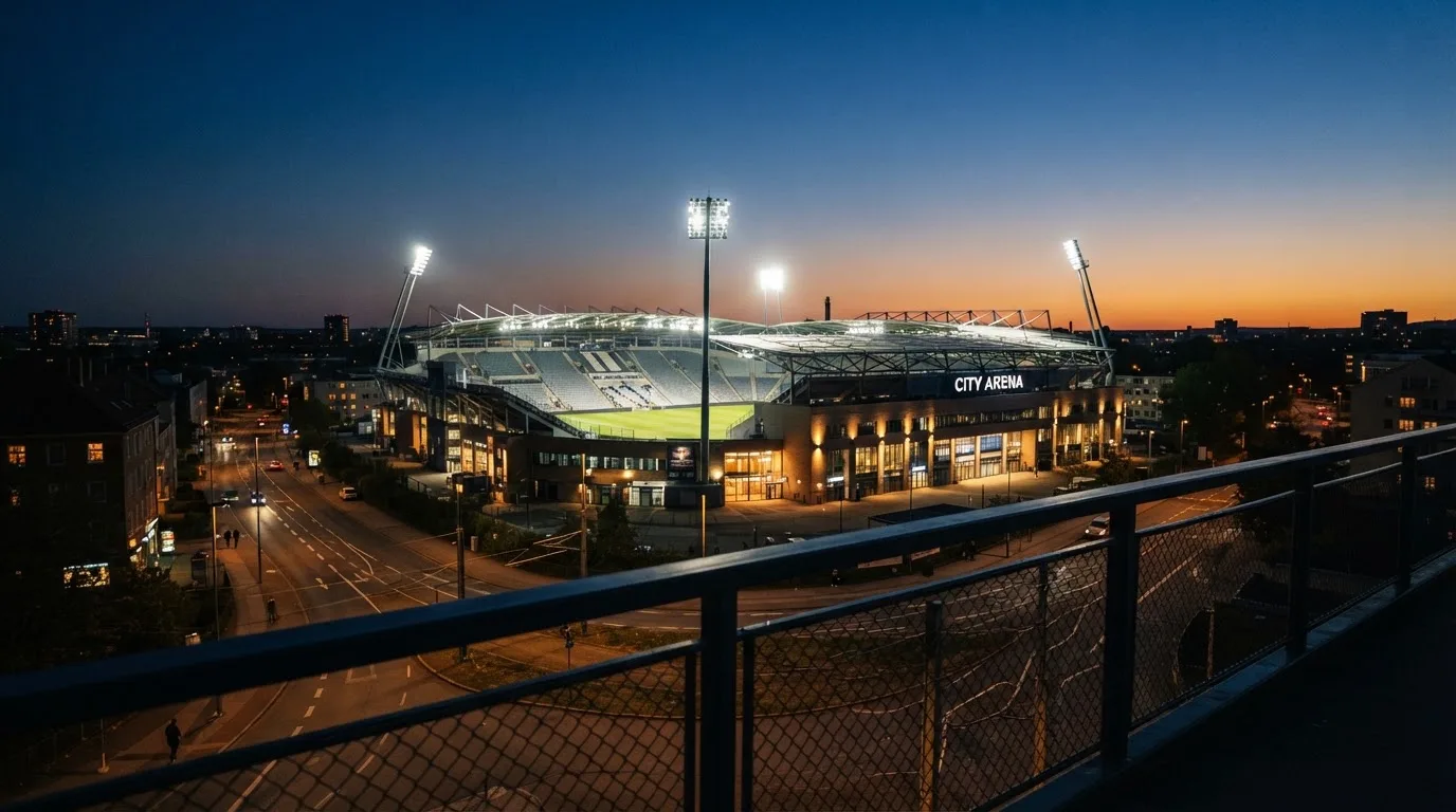 Ein Stadion bei Dämmerung mit eingeschalteten Flutlichtmasten, von einer Brücke aus aufgenommen.